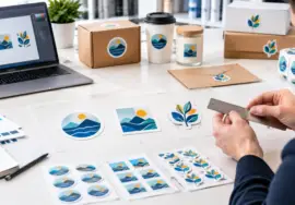 Round square and die-cut custom sticker shapes in a professional print studio