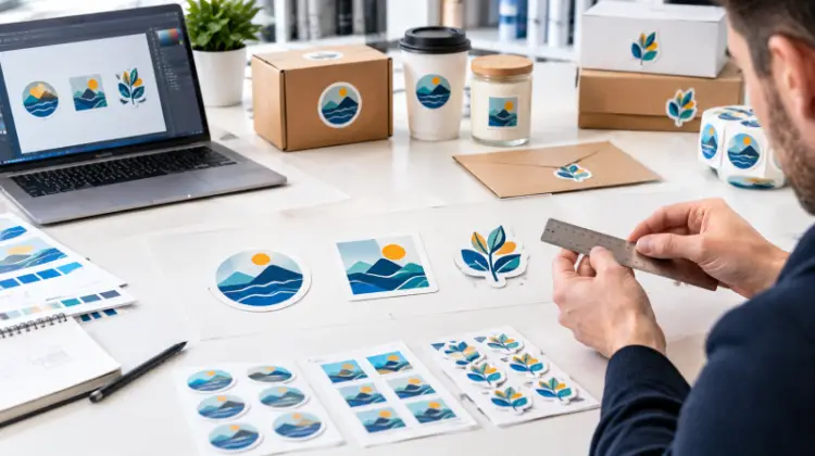 Round square and die-cut custom sticker shapes in a professional print studio