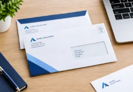 Branded business envelopes with company logo and matching professional stationery for business correspondence