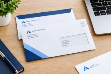 Branded business envelopes with company logo and matching professional stationery for business correspondence