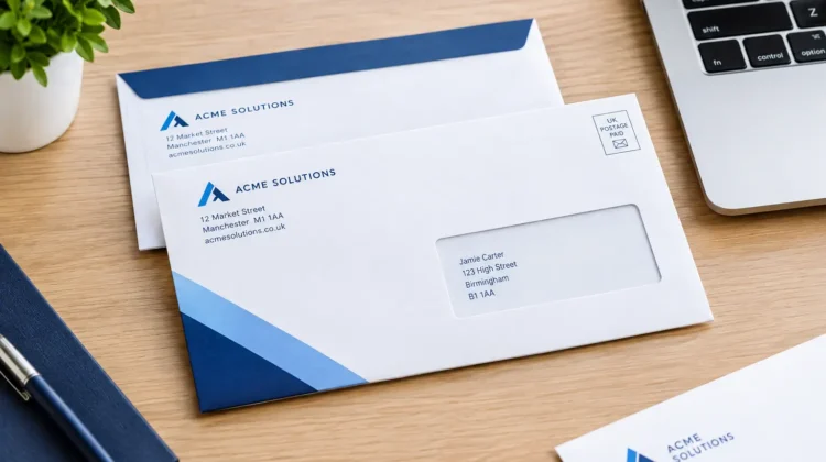 Branded business envelopes with company logo and matching professional stationery for business correspondence