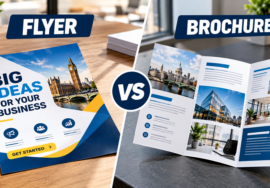 Flyer vs brochure comparison showing professionally printed business flyer and folded brochure in a UK commercial printing workspace.