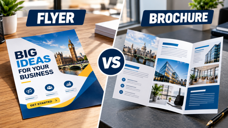 Flyer vs brochure comparison showing professionally printed business flyer and folded brochure in a UK commercial printing workspace.