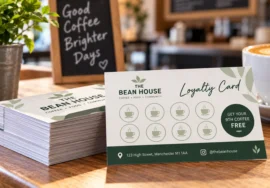 Printed customer loyalty card displayed on a café counter to encourage repeat visits.