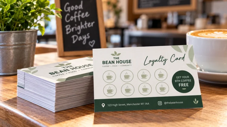 Printed customer loyalty card displayed on a café counter to encourage repeat visits.