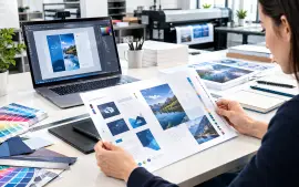 Designer checking print-ready artwork before professional printing
