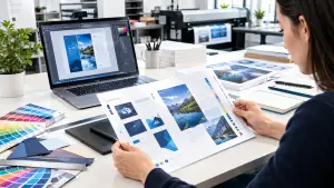 Designer checking print-ready artwork before professional printing